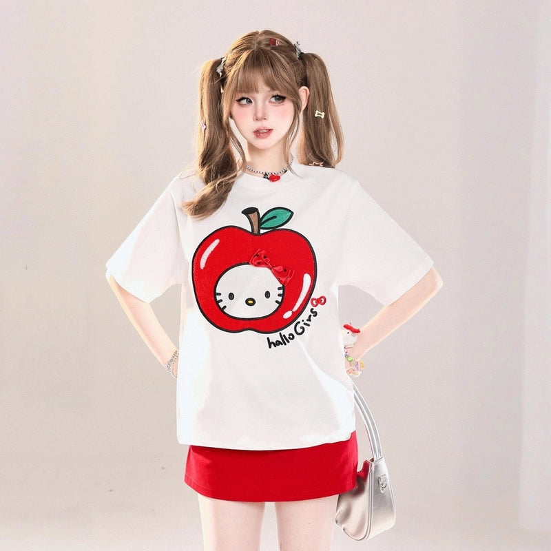 Summer Sweet Style Apple Hello Kitty Printed T-shirt