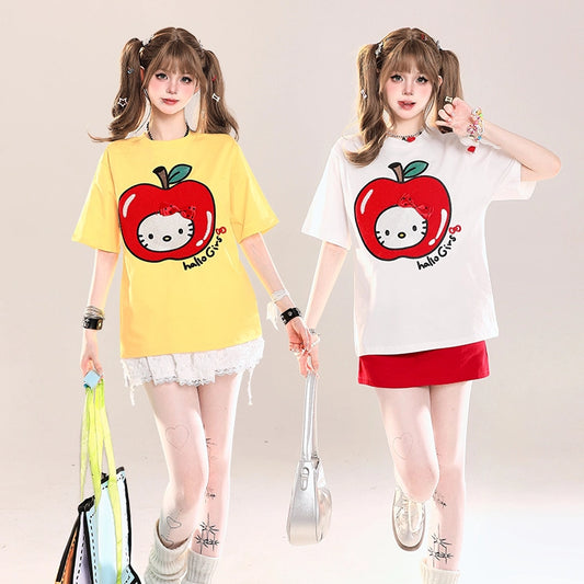 Summer Sweet Style Apple Hello Kitty Printed T-shirt