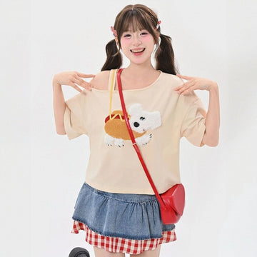 Summer Sweet Style Apricot Puppy Embroidered T-shirt