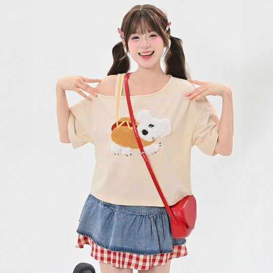 Summer Sweet Style Apricot Puppy Embroidered T-shirt