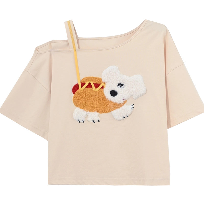Summer Sweet Style Apricot Puppy Embroidered T-shirt