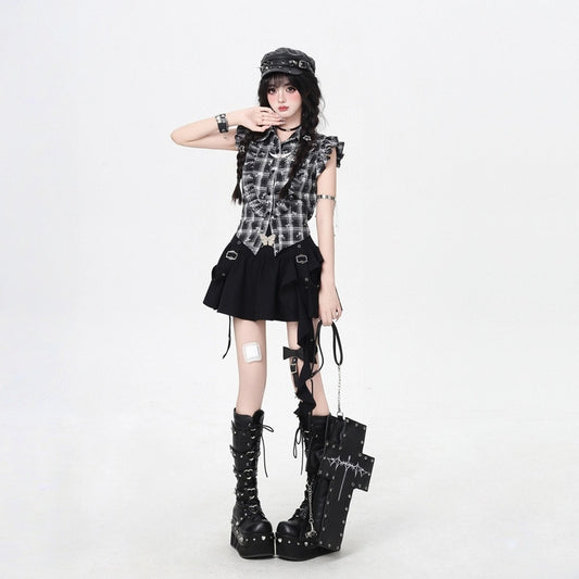 Summer Sweet Style Black White Plaid Blouse
