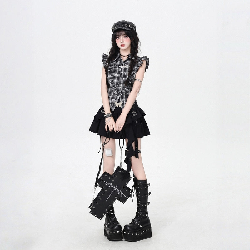 Summer Sweet Style Black White Plaid Blouse