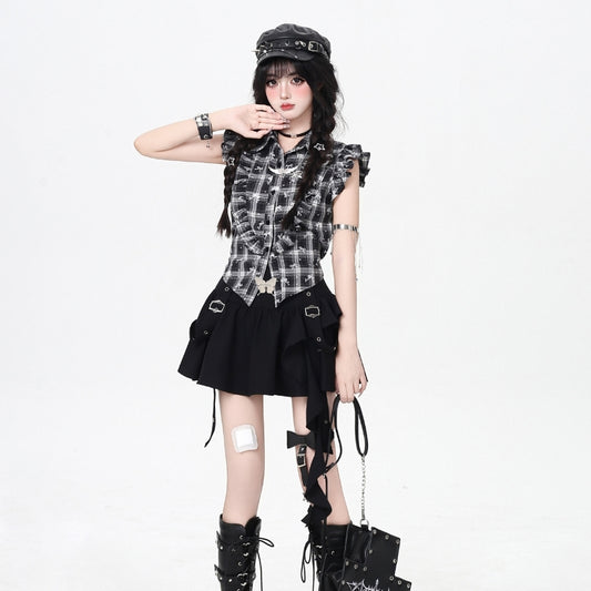 Summer Sweet Style Black White Plaid Blouse