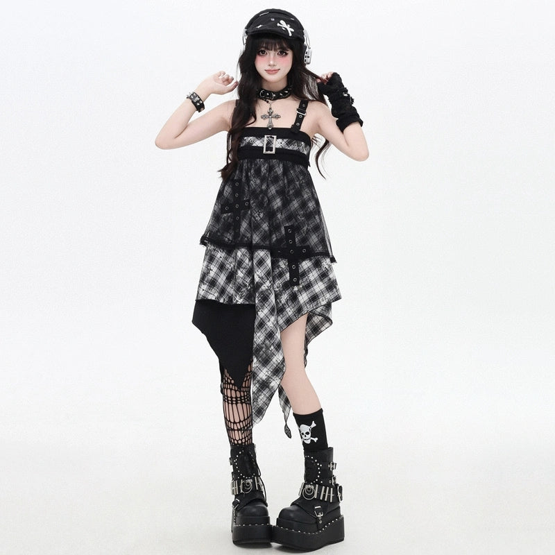 Summer Sweet Style Black White Plaid Irregular Dress