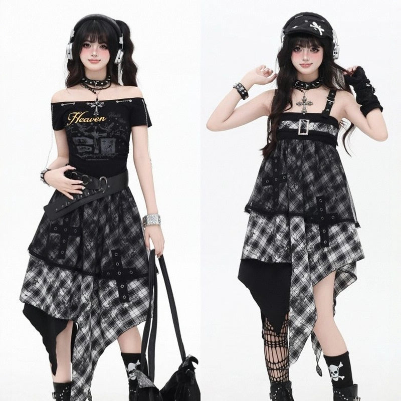 Summer Sweet Style Black White Plaid Irregular Dress