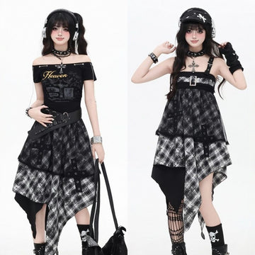 Summer Sweet Style Black White Plaid Irregular Dress