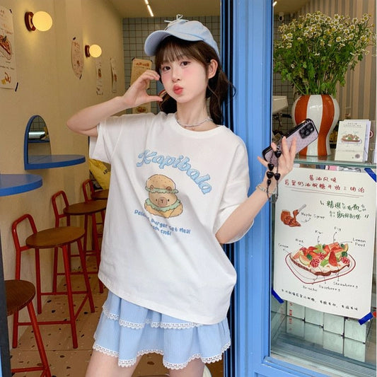 Summer Sweet Style Cartoon Capybara Print T-shirt