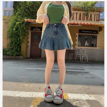 Summer Sweet Style Blue All-match Denim Pleated Skirt (3)