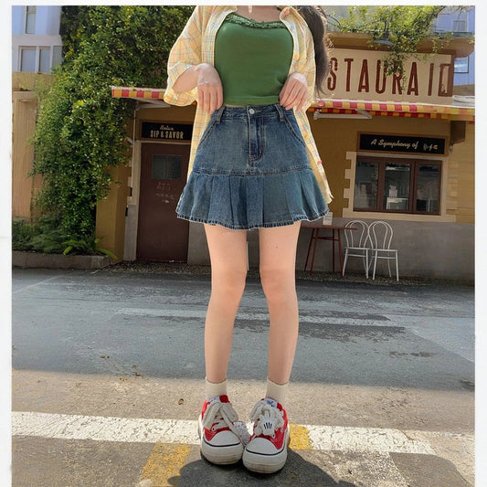Summer Sweet Style Blue All-match Denim Pleated Skirt