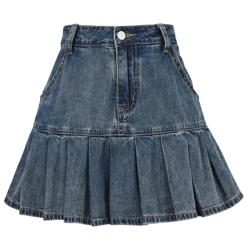 Summer Sweet Style Blue All-match Denim Pleated Skirt