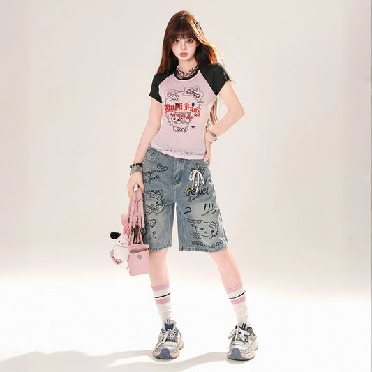 Summer Sweet Style Blue Hello Kitty Graffiti Print Denim Shorts