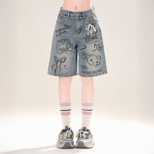 Summer Sweet Style Blue Hello Kitty Graffiti Print Denim Shorts