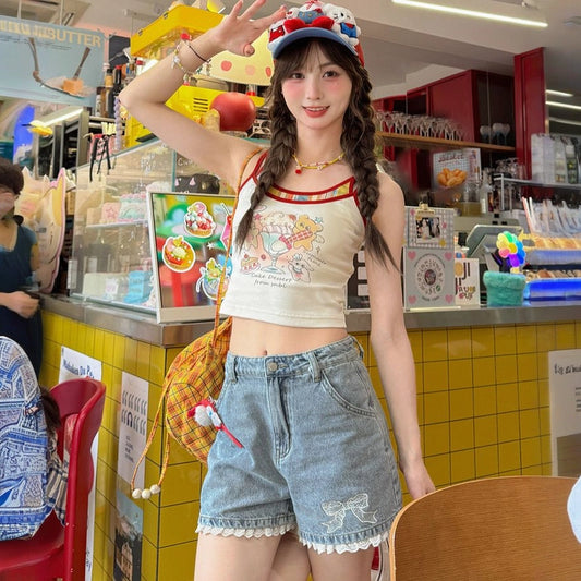 Summer Sweet Style Blue High Waist Lace Embroidery Shorts