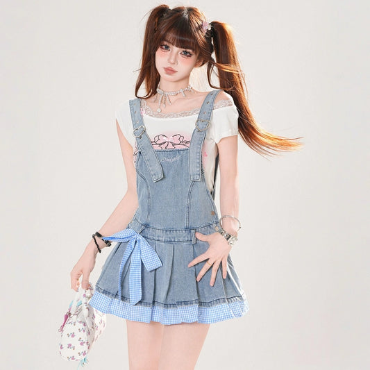 Summer Sweet Style Blue Plaid Embroidered Denim Dress