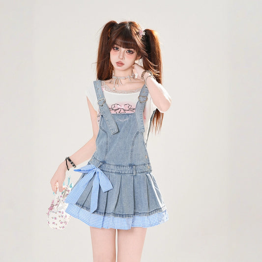 Summer Sweet Style Blue Plaid Embroidered Denim Dress