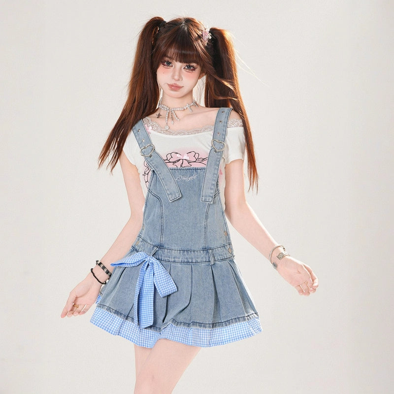 Summer Sweet Style Blue Plaid Embroidered Denim Dress