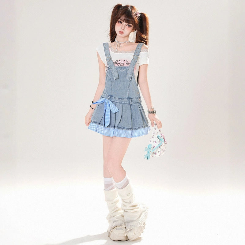 Summer Sweet Style Blue Plaid Embroidered Denim Dress