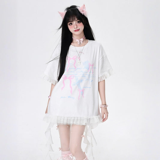 Summer Sweet Style Bow Print All-match T-shirt