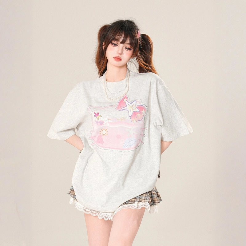 Summer Sweet Style Cartoon Hello Kitty Painted Printed T-shirt