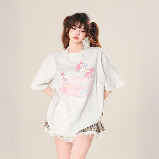 Summer Sweet Style Cartoon Hello Kitty Painted Printed T-shirt