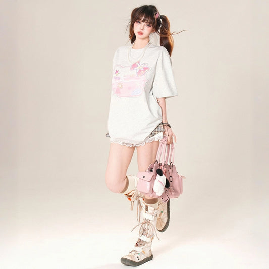 Summer Sweet Style Cartoon Hello Kitty Painted Printed T-shirt
