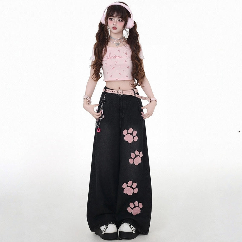 Summer Sweet Style Cat Claw Embroidered High Waist Straight Jeans