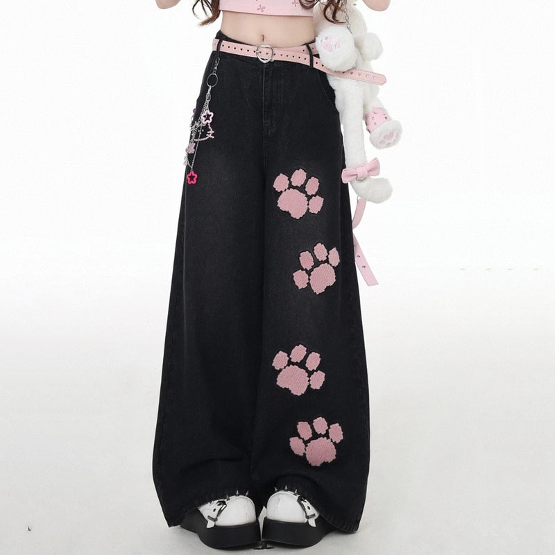 Summer Sweet Style Cat Claw Embroidered High Waist Straight Jeans