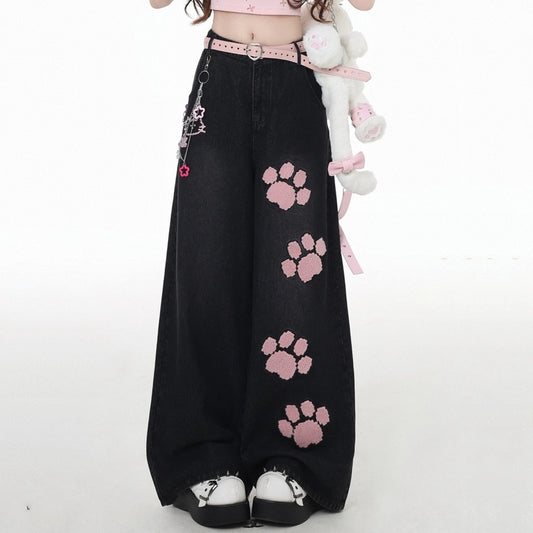 Summer Sweet Style Cat Claw Embroidered High Waist Straight Jeans