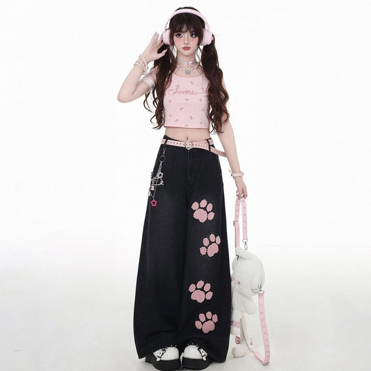 Summer Sweet Style Cat Claw Embroidered High Waist Straight Jeans