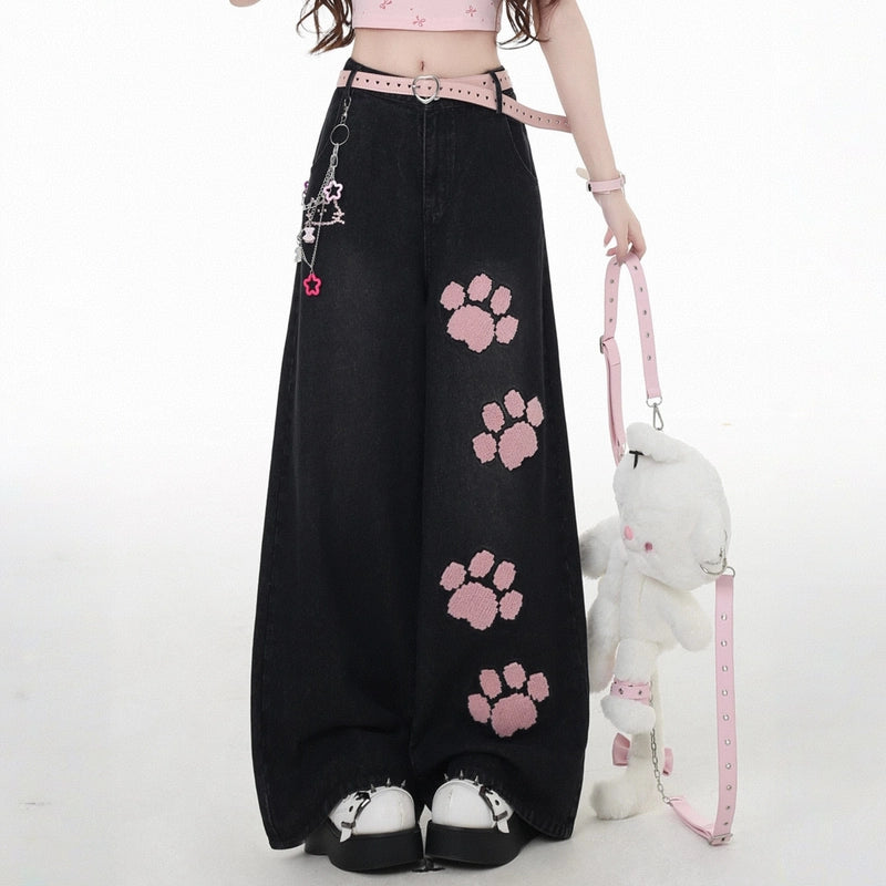 Summer Sweet Style Cat Claw Embroidered High Waist Straight Jeans