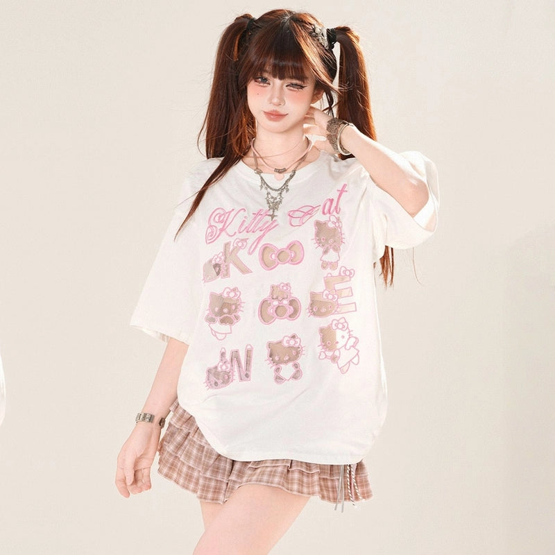Summer Sweet Style Hello Kitty Lace Embroidered T-shirt