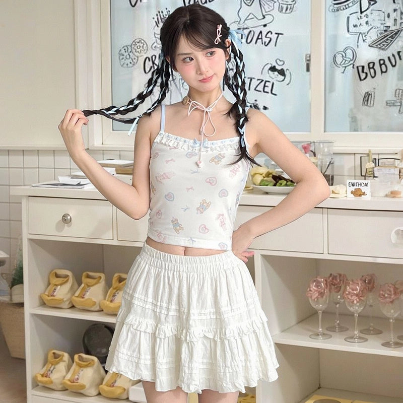 Summer Sweet Style Lace Bear Print Vest