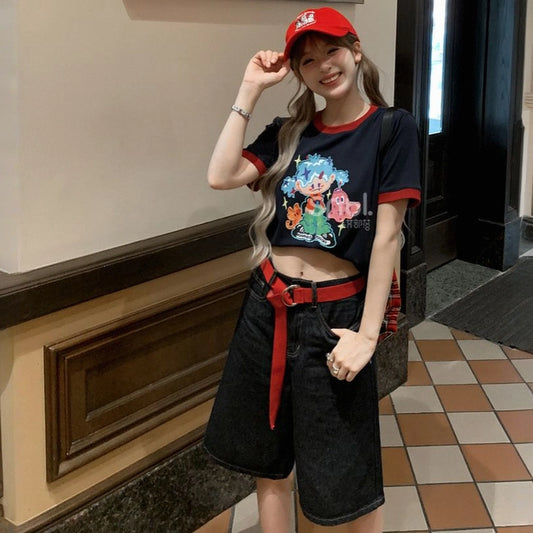 Summer Sweet Style Navy Blue Cartoon Girl Print T-shirt