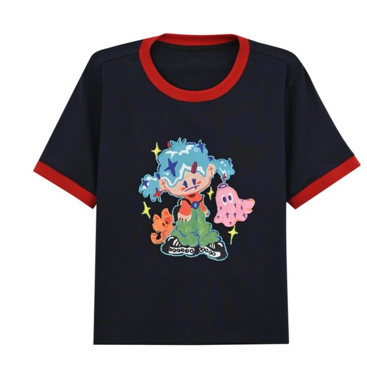 Summer Sweet Style Navy Blue Cartoon Girl Print T-shirt