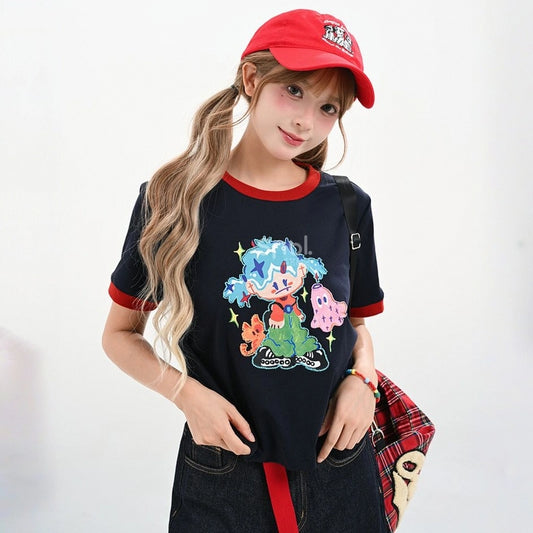 Summer Sweet Style Navy Blue Cartoon Girl Print T-shirt