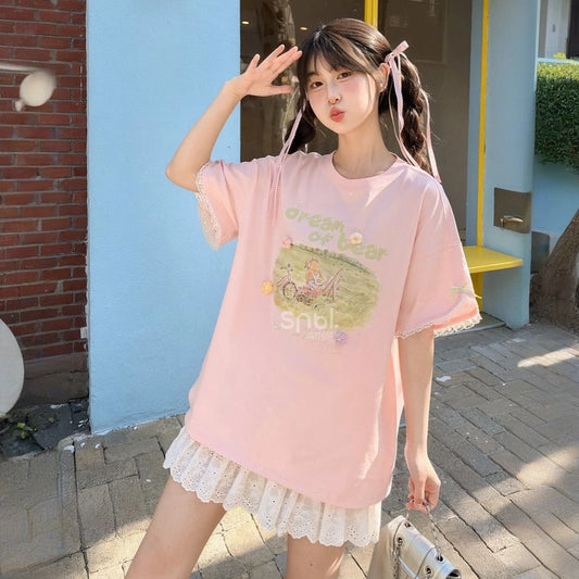 Summer Sweet Style Pink Cartoon Bear Print Short-sleeved T-shirt