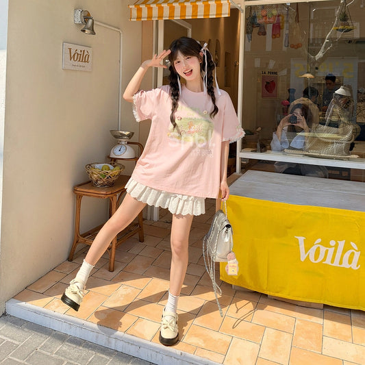 Summer Sweet Style Pink Cartoon Bear Print Short-sleeved T-shirt