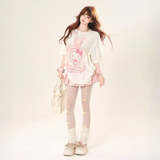Summer Sweet Style Pink Hello Kitty Printed Loose T-shirt