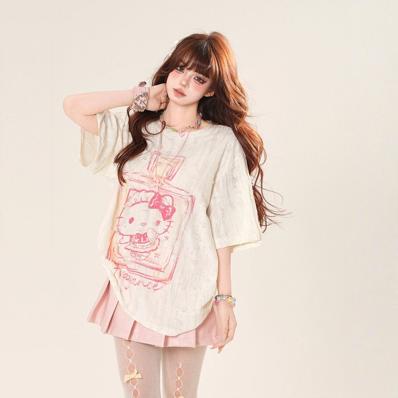 Summer Sweet Style Pink Hello Kitty Printed Loose T-shirt