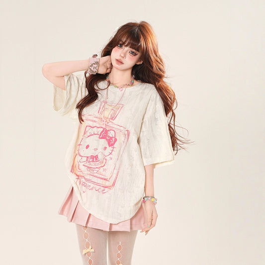 Summer Sweet Style Pink Hello Kitty Printed Loose T-shirt