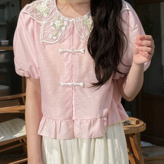 Summer Sweet Style Pink Puff Sleeve Blouse