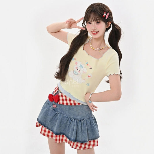 Summer Sweet Style Yellow Cartoon Puppy Print T-shirt