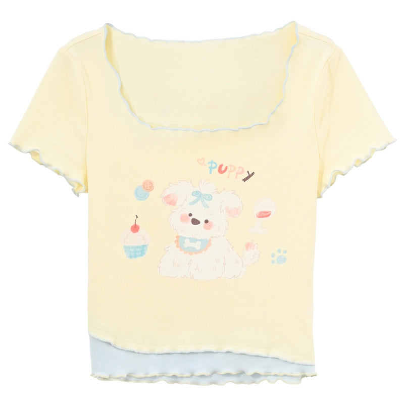 Summer Sweet Style Yellow Cartoon Puppy Print T-shirt