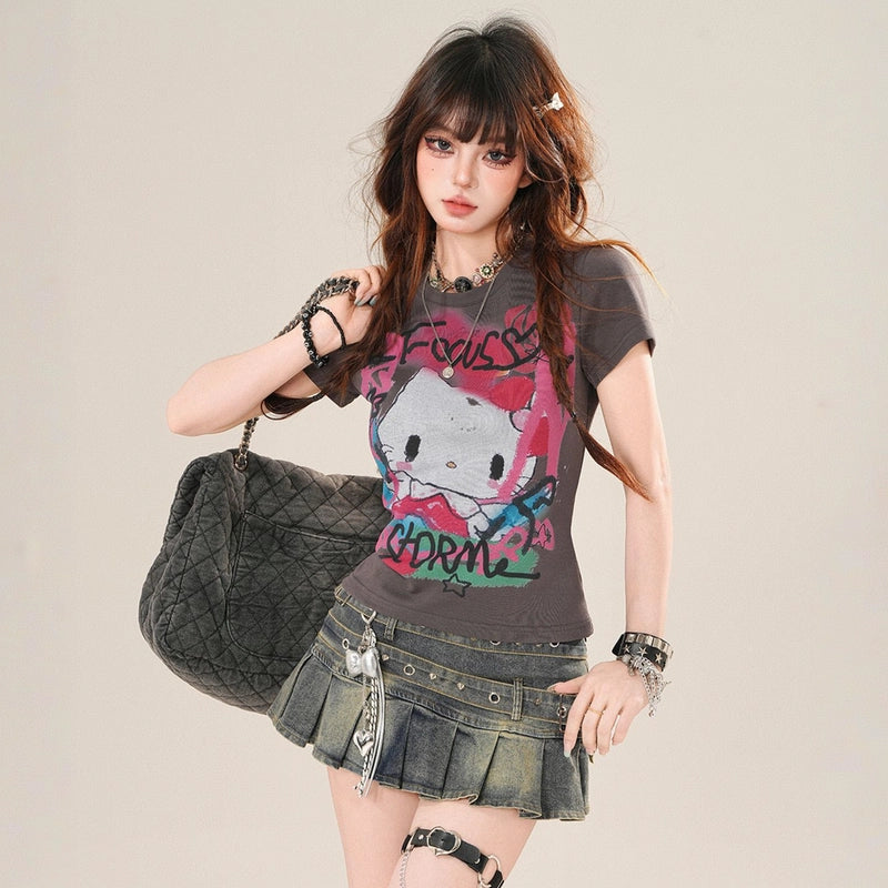 Summer Sweet style Hello Kitty print slim T-shirt