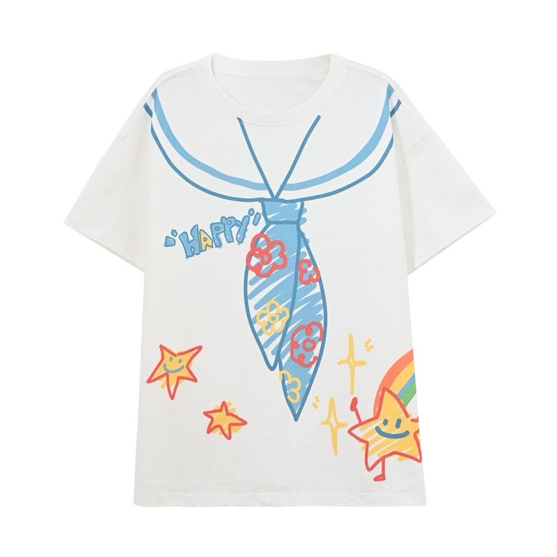 Summer White Cartoon Star Printed Loose T-shirt