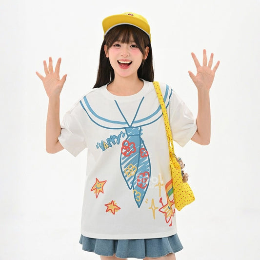 Summer White Cartoon Star Printed Loose T-shirt