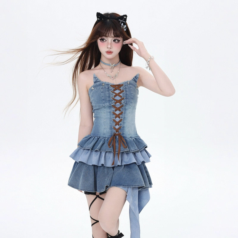 Summer Y2K Style Blue Slim Waist Denim Dress