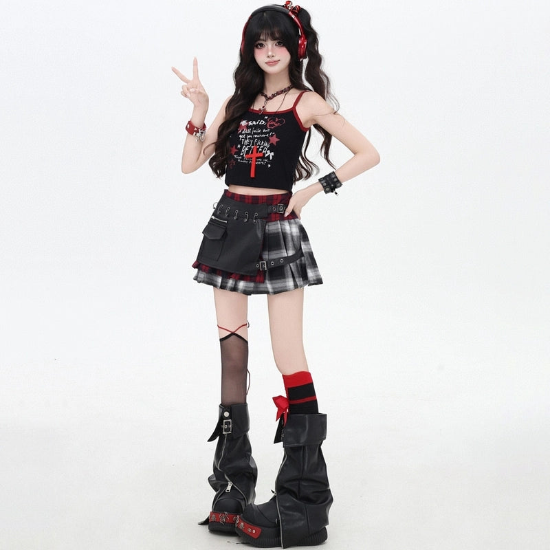 Summer Y2K Style Plaid Contrast Color A-line Skirt