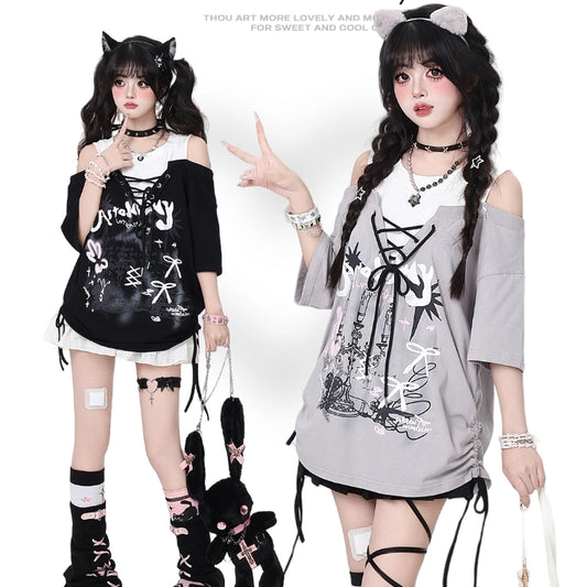 Summer sweet style bow tie off-shoulder T-shirt